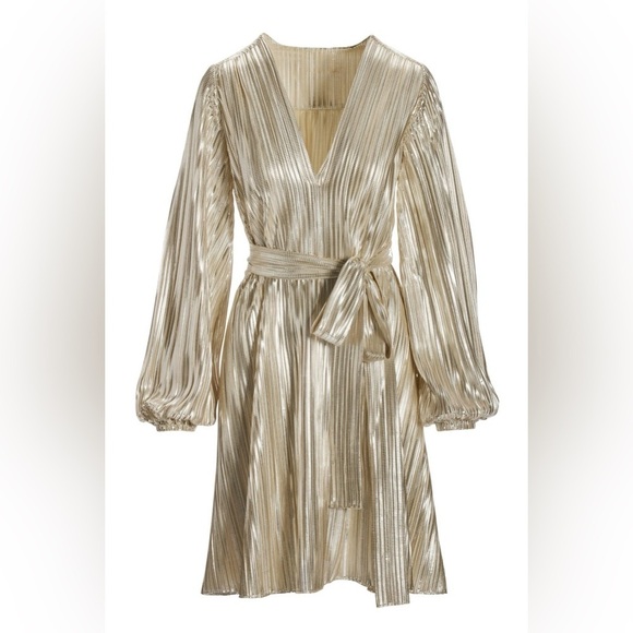 Boston Proper Metallic Pleated Long-Sleeve Dress Platinum Women’s size Medium - Picture 1 of 11